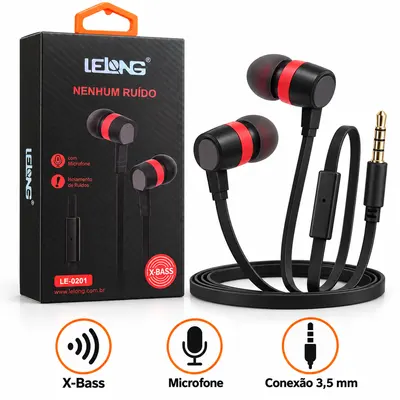 FONE DE OUVIDO LELONG LE-0201 X-BASS — VERMELHO COM FIO
