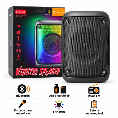CAIXA DE SOM PORTÁTIL KBROAD KTS-1576 — 10W RMS, BLUETOOTH & LED RGB