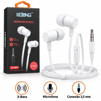 FONE DE OUVIDO LELONG LE-0201 X-BASS — BRANCO COM FIO