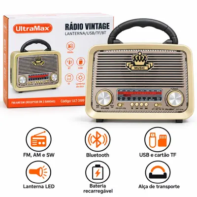 RÁDIO VINTAGE PORTÁTIL ULTRAMAX ULT-3199 - BLUETOOTH, 3 BANDAS E LANTERNA