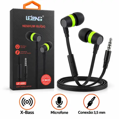 FONE DE OUVIDO LELONG LE-0201 X-BASS — VERDE COM FIO