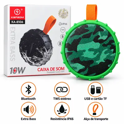 CAIXA DE SOM PORTÁTIL KAPBOM KA-8506 — 10W RMS, EXTRA BASS & IPX6