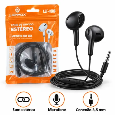 FONE DE OUVIDO LEHMOX LEF-1006 — PRETO COM FIO