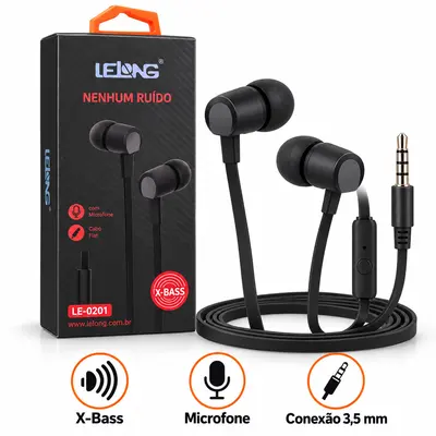 FONE DE OUVIDO LELONG LE-0201 X-BASS — PRETO COM FIO