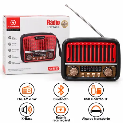 RÁDIO PORTÁTIL RETRÔ KAPBOM KA-8553 — BLUETOOTH, USB & 3 BANDAS